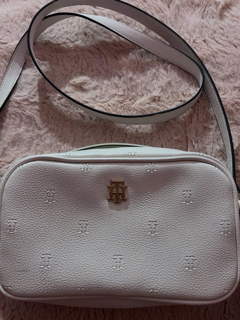 Tommy Hilfiger White Embossed Logo Crossbody Camera Bag with Gold Hardware